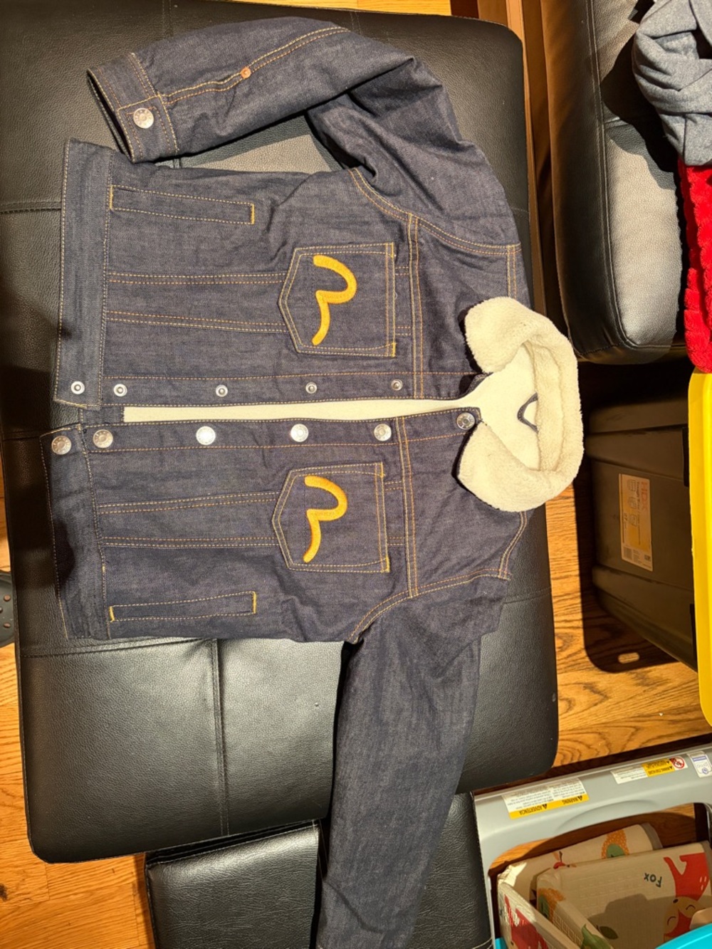 Kids Evisu Dark Denim Jacket with Cream Sherpa Lining and Yellow Logo Sz 8